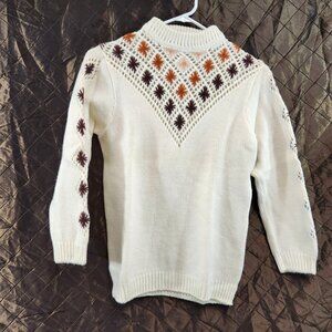 Vintage Jinbei Lambswool Knit Sweater w/ Diamond Starburst Pattern White